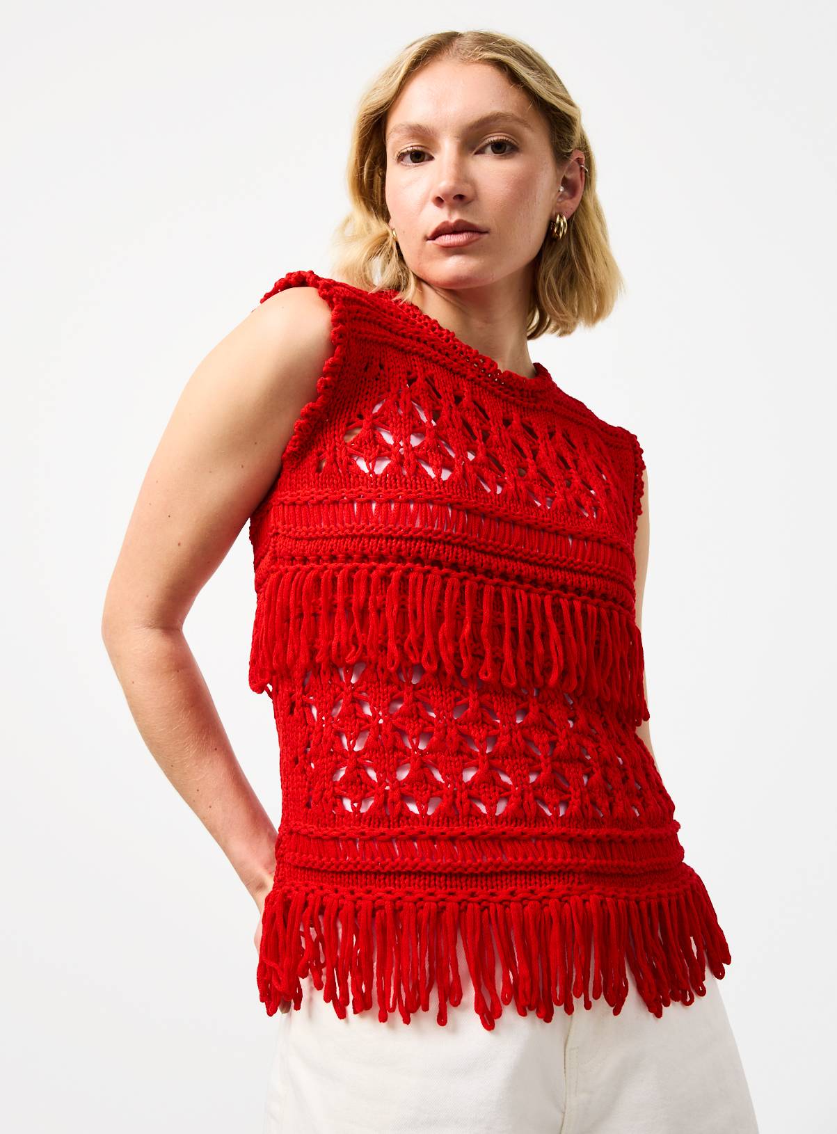 Red Loopy Fringe Knitted Tank Top L - Image 1